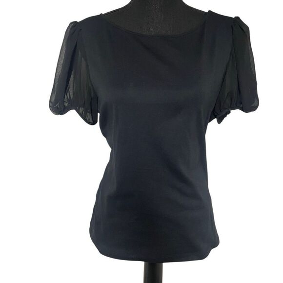 Lauren Ralph Lauren Black Mesh Bubble Puff Sleeve Top L0493 - Picture 1 of 6